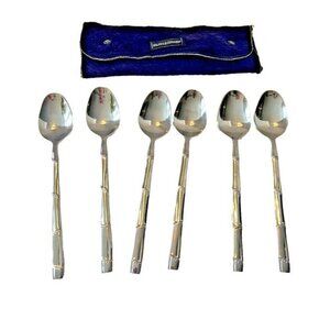 PRESENT Japan Stainless‎ BORNES Line 6 Teaspoons Dotted Bamboo Handle 6.5"